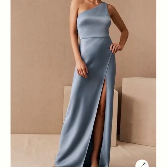 BHLDN Dylan One-Shoulder Satin Side Slit Gown Bridesmaid Maxi Dress Dusty Blue 8